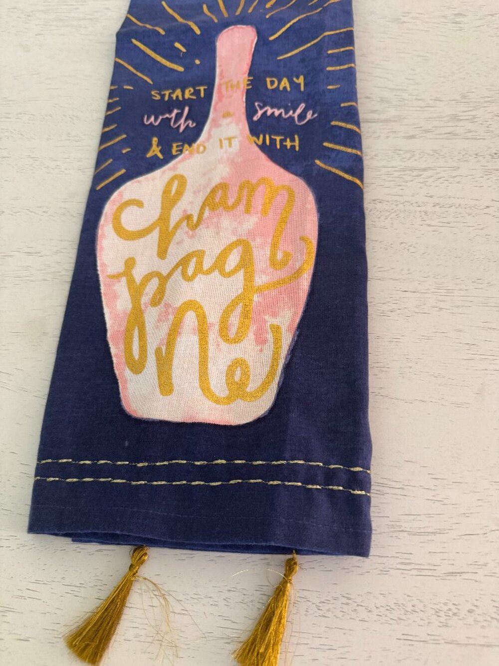 Anthropologie NWOT Champagne Tea Towel, Boho Style, Blue/White/Gold with tassels